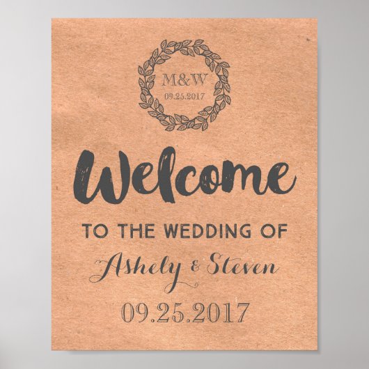 Poster Bienvenue à notre Mariage Sign Kraft papier Wreath (Devant)