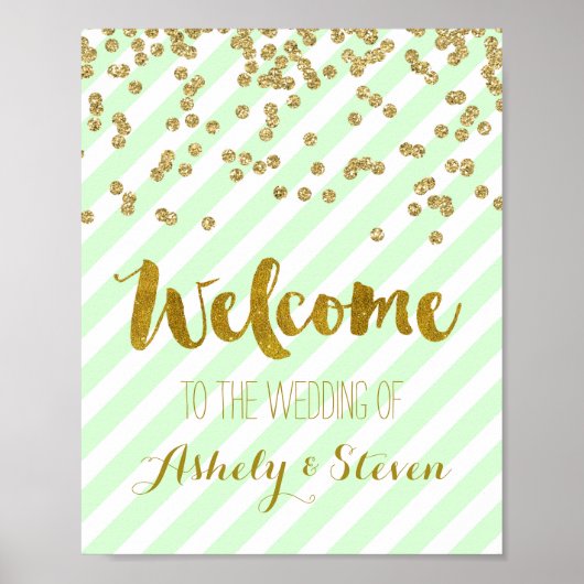 Poster Bienvenue à notre Mariage Sign Mint Gold Stripes (Devant)