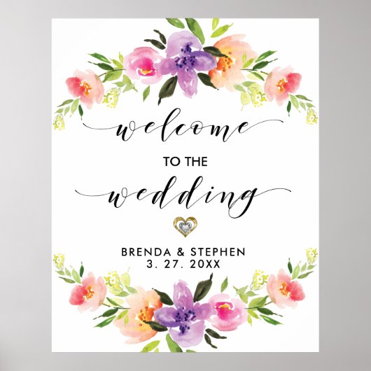 Poster Bienvenue à notre mariage typographie et fleurs mo (Devant)