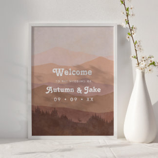 Poster Bienvenue à Retro Mountain et Forest Pink Mariage