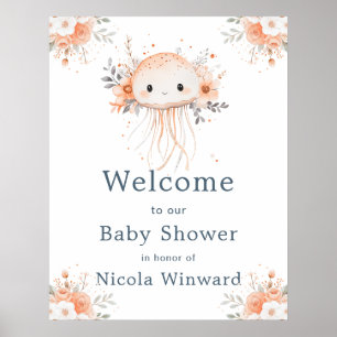 Poster Bienvenue à une Baby Shower Méduse Florale Mignonn