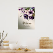 Poster Bienvenue Aquarelle violet rose Fleurs or (Cuisine)