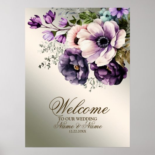 Poster Bienvenue Aquarelle violet rose Fleurs or (Devant)