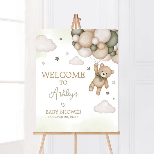 Poster Bienvenue au Baby shower de ballon d'ours vert