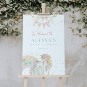 Poster Bienvenue au Baby shower Rainbow Unicorn Pastel