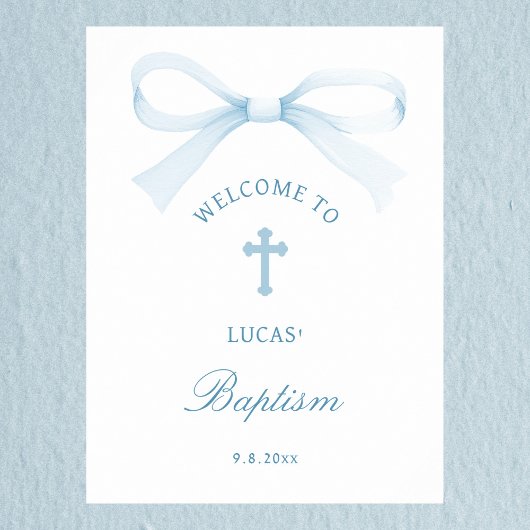 Poster Bienvenue au baptême avec un nœud bleu aquarelle