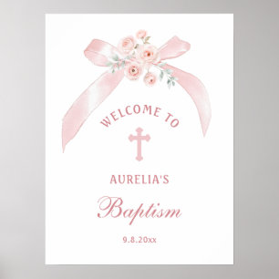 Poster Bienvenue au baptême avec un nœud rose floral