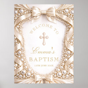 Poster Bienvenue au baptême de luxe perle et ruban de sat