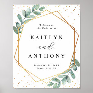 Poster Bienvenue au mariage à motif géométrique eucalyptu