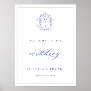 Poster Bienvenue au mariage au monogramme de crête bleu R