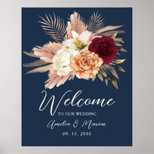 Poster Bienvenue au mariage aux fleurs bleues marine