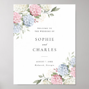 Poster Bienvenue au mariage avec des hortensias bleus et