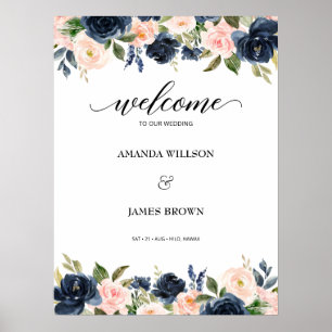 Poster Bienvenue au Mariage Blush Navy Blossom