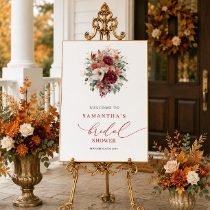 Poster Bienvenue au mariage bohème bordeaux floral automn