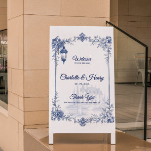 Poster Bienvenue au mariage de jardin bleu blanc de style