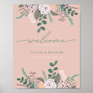Poster Bienvenue au mariage de l'eucalyptus rose floral