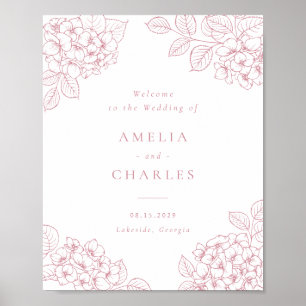 Poster Bienvenue au mariage élégant aux fleurs d'hortensi