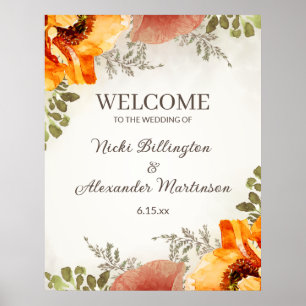Poster Bienvenue au mariage Fleurs Orange Brûlé Noms Date