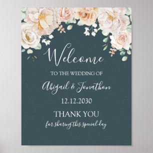Poster Bienvenue au mariage floral bleu marine vintage