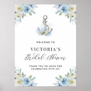 Poster Bienvenue au mariage floral bleu nautique