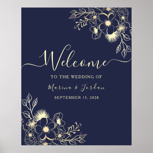 Poster Bienvenue au Mariage Floral Gold de la Marine (Devant)