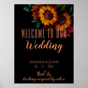 Poster Bienvenue au mariage floral orange brûlé rustique