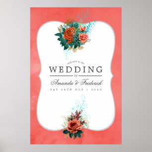 Poster Bienvenue au mariage floral turquoise et corail