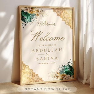 Poster Bienvenue au mariage musulman Floral Or Émeraude