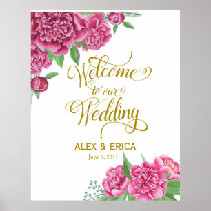 Poster bienvenue au mariage peony rose signe or rose