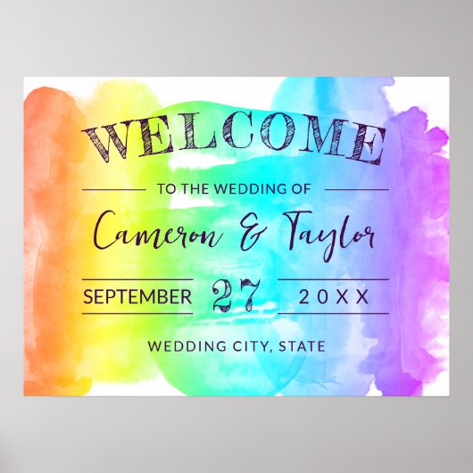 Poster Bienvenue au Mariage Rainbow Watercolor Splash LGB (Devant)