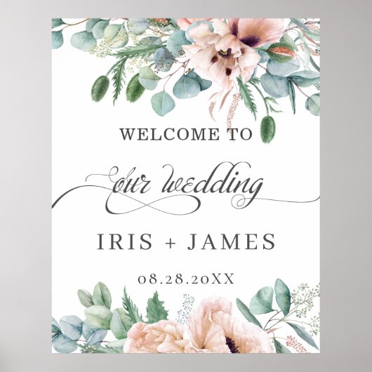 Poster Bienvenue au mariage rustique poussiéreux rose flo (Devant)