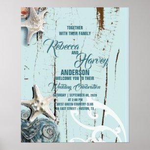 Poster bienvenue au mariage sur la plage coquillage bleu 