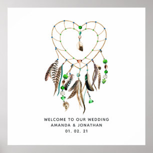 Poster Bienvenue au mariage tribal indien émeraude boho