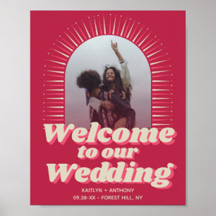 Poster Bienvenue au mariage Viva Magenta Groovy Rétro des