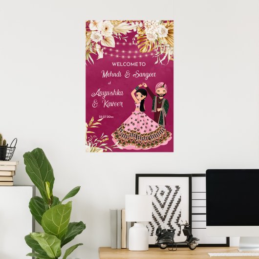 Poster Bienvenue au mehndi sangeet rose et or mariage ind (Bureau à domicile)