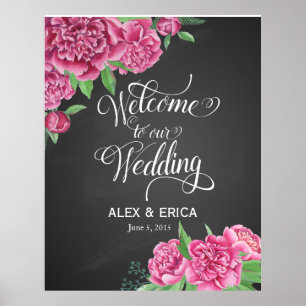 Poster bienvenue au panneau rose mariage peony