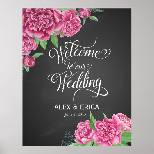 Poster bienvenue au panneau rose mariage peony (Devant)