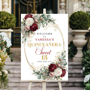 Poster Bienvenue au Quinceañera Rouge Floral Doré Rouge C