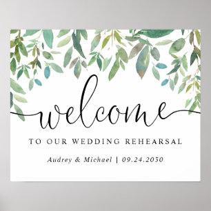 Poster Bienvenue aux répétitions de mariage avec verdure 