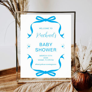 Poster Bienvenue Baby Shower Minimal Bleu Ruban 1er Anniv
