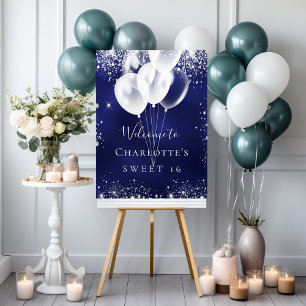 Poster Bienvenue ballons blancs bleus marine Sweet 16