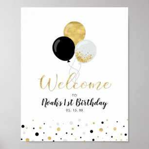 Poster Bienvenue Ballons Or & Noir Garçon 1er Anniversair