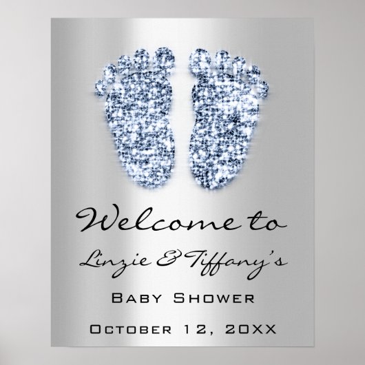 Poster Bienvenue Bébé Bleu Pieds Bébé Shower Garçon Argen (Devant)