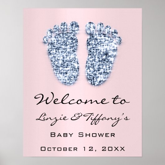 Poster Bienvenue Bébé Blue  Feet Baby Shower Garçon Rose (Devant)