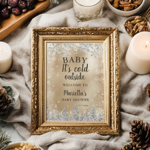 Poster Bienvenue bébé douche argent neige pin doré en hiv