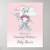 Poster Bienvenue Bébé Fille Montgolfière Éléphant (Devant)
