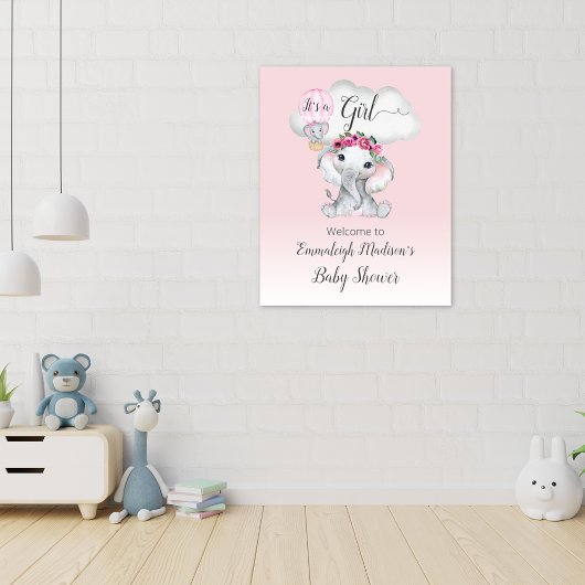 Poster Bienvenue Bébé Fille Montgolfière Éléphant