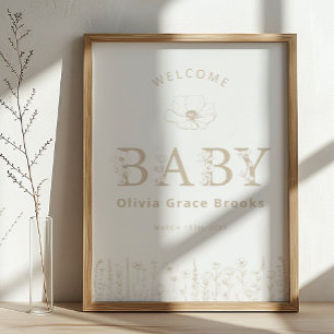 Poster Bienvenue Bébé Fleur Sauvage Baby Shower Taupe Neu