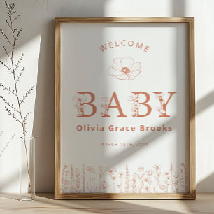 Poster Bienvenue Bébé Fleur Sauvage Baby Shower Terracott