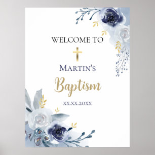 Poster Bienvenue bébé garçon baptême roses bleues